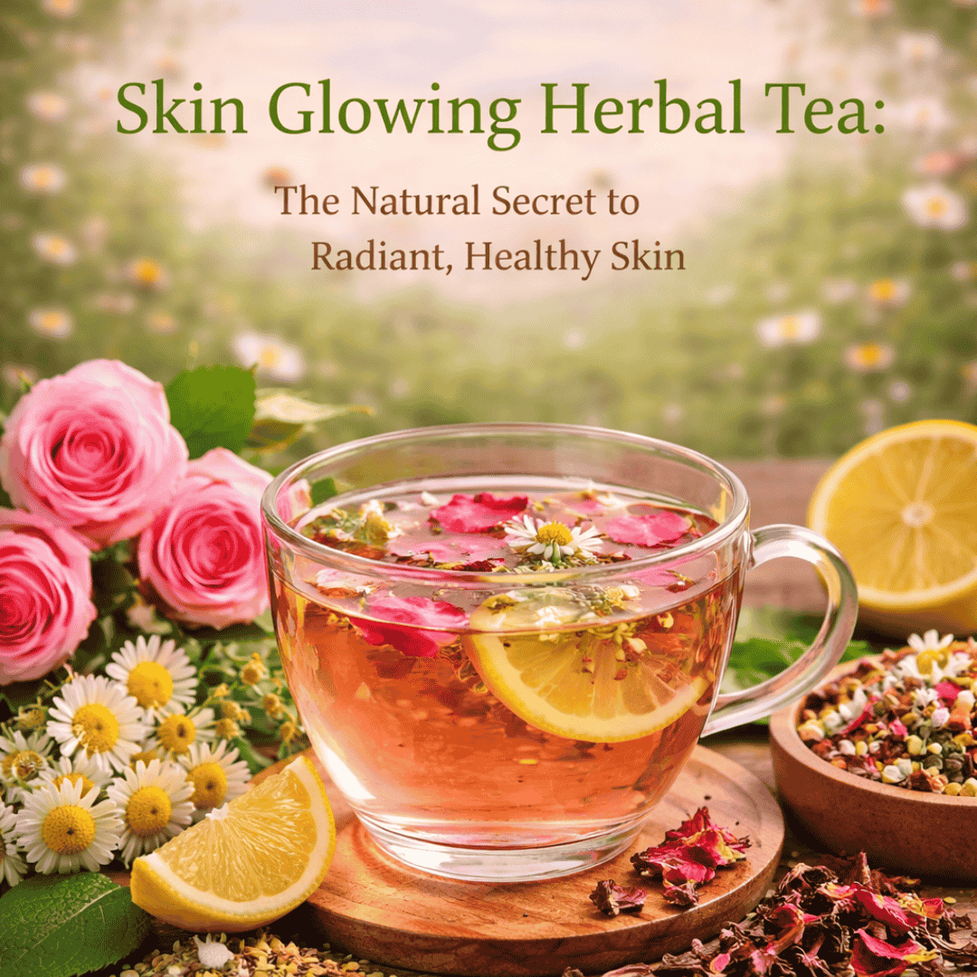 Skin glowing herbal tea with rose petals chamomile and lemon for radiant healthy skin